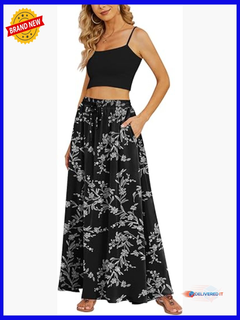 Flowy Pleated Maxi Skirt With Pockets Elastic High Waist